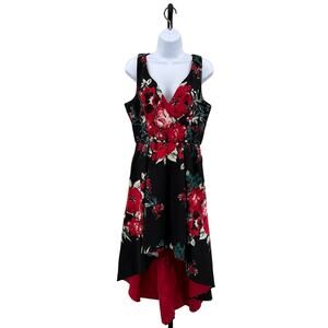 Trixxi Trapeze Floral Hi-Low Maxi Dress Women's L Red/Black Lined, V-neck Formal